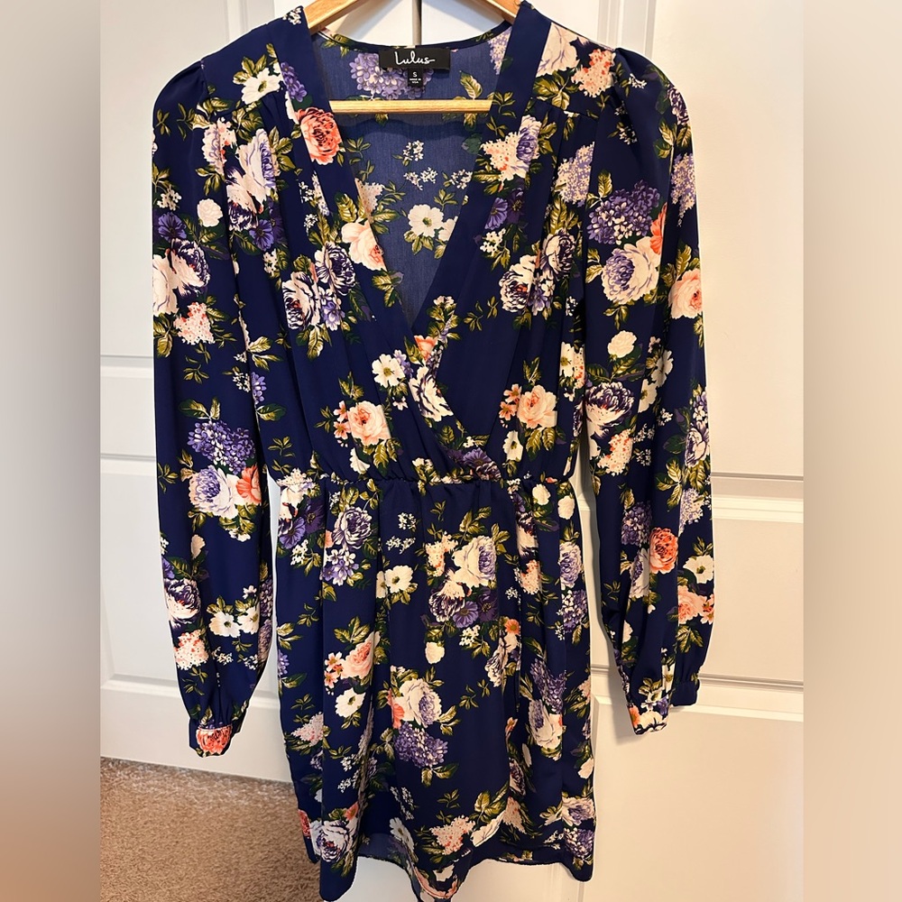 Lulu's Elegant Blue Floral Long Sleeve Dress